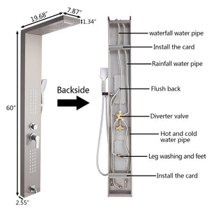 60 inch Shower Panel Tower System Stainless Steel 5 in 1 Multi-Function Shower Panel with Spout Rain